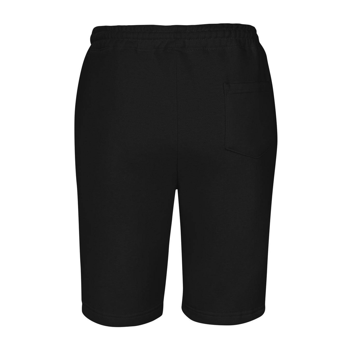 men’s fleece shorts in black with elastic waistband and back pocket, ideal for casual wear and workouts.