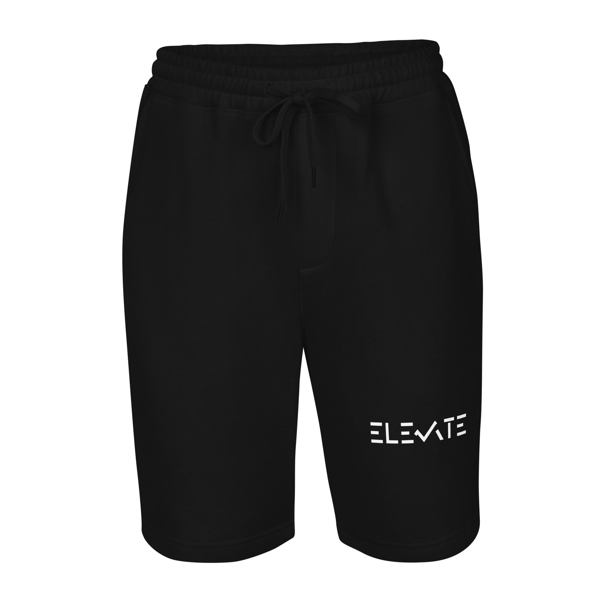 Men’s Fleece Shorts in black with 'ELEVATE' logo, designed for comfort and casual wear.