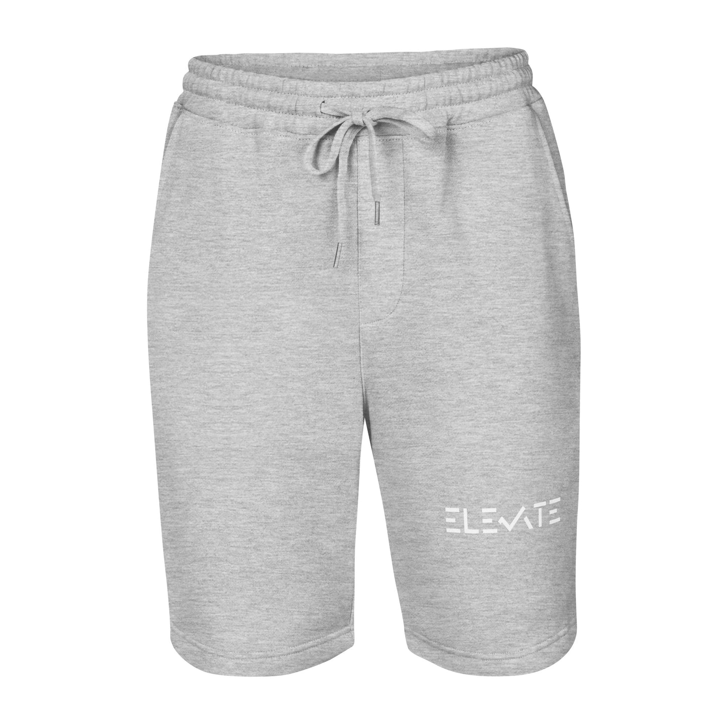 men’s fleece shorts in gray color featuring an elastic waistband for a comfortable fit.